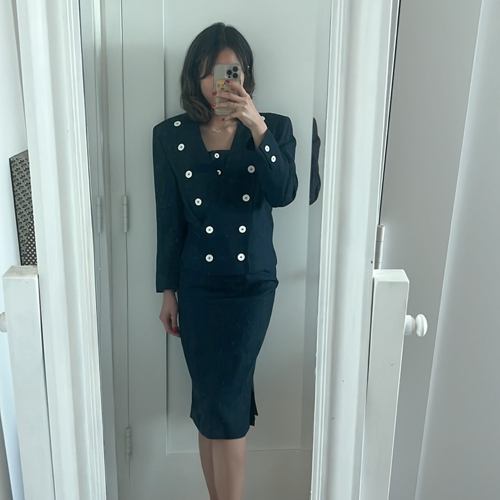 Vintage LOUIS FERAUD Navy Three Piece Skirt Blazer Set
